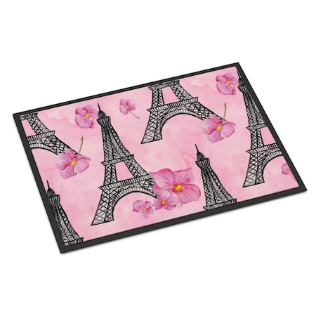 Jensendistributionservices Watercolor Pink Flowers & Eiffel Tower Indoor or Outdoor Mat, 18 x 27 in. MI2550909